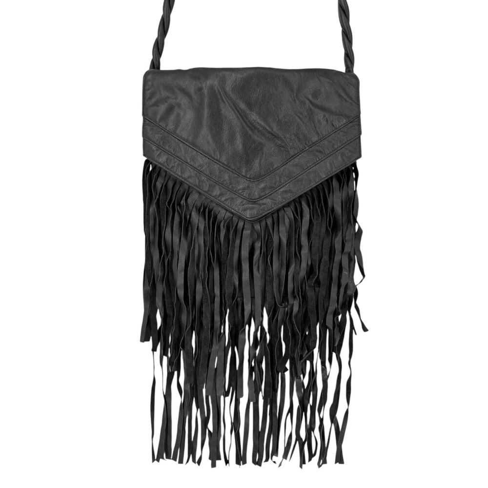 JJ Winters Black Leather Crossbody Fringe Purse Braided Strap Boho Western Indie